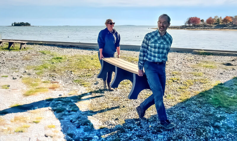 In the image, two people are carrying a wooden bench. They are walking on a gravelly surface near a body of water. The sky is clear and blue, and there is an island in the distance. The overall scene suggests a sunny day at a park or recreational area.